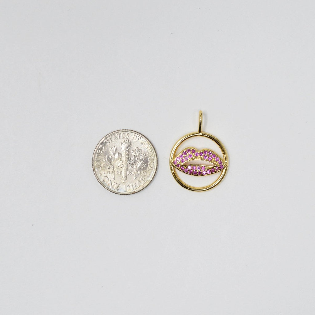 14k Gold plated Lips Charm Micro Pave CZ Pink Kiss / Lip Charm for Necklace- Earring and Bracelet Supply E-125 - DLUXCA