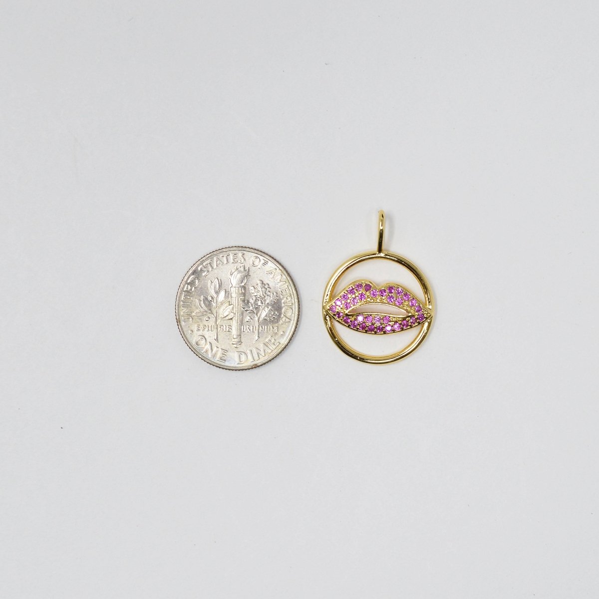 14k Gold plated Lips Charm Micro Pave CZ Pink Kiss / Lip Charm for Necklace- Earring and Bracelet Supply E-125 - DLUXCA