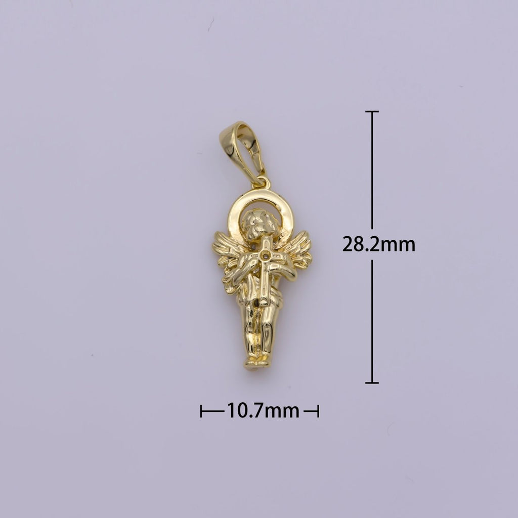 14K Gold plated Little angel holding a cross Pendants • Cherub Angel Amulet Charm for Christmas Holiday Season Gift Jewelry N-1334 - DLUXCA