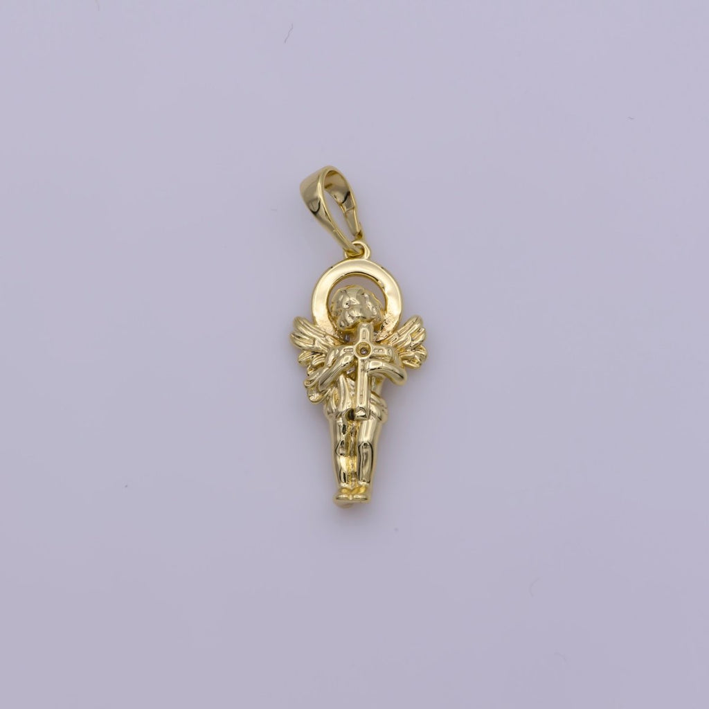 14K Gold plated Little angel holding a cross Pendants • Cherub Angel Amulet Charm for Christmas Holiday Season Gift Jewelry N-1334 - DLUXCA