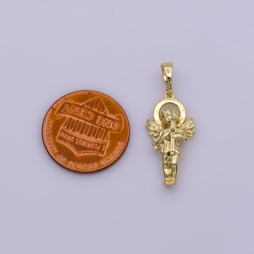 14K Gold plated Little angel holding a cross Pendants • Cherub Angel Amulet Charm for Christmas Holiday Season Gift Jewelry N-1334 - DLUXCA