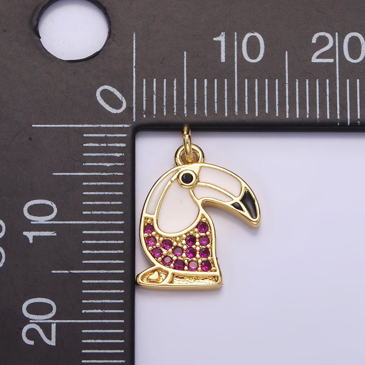 14K Gold plated Long-Beak Hummingbird Animal Fuchsia Micro Paved CZ Black & White Enamel Charm | N1518 - DLUXCA