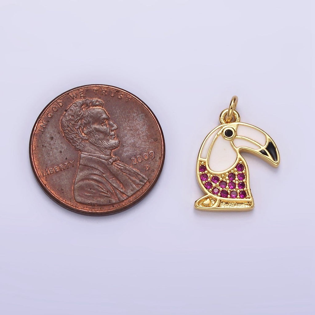 14K Gold plated Long-Beak Hummingbird Animal Fuchsia Micro Paved CZ Black & White Enamel Charm | N1518 - DLUXCA