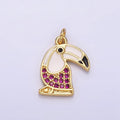 14K Gold plated Long-Beak Hummingbird Animal Fuchsia Micro Paved CZ Black & White Enamel Charm | N1518 - DLUXCA