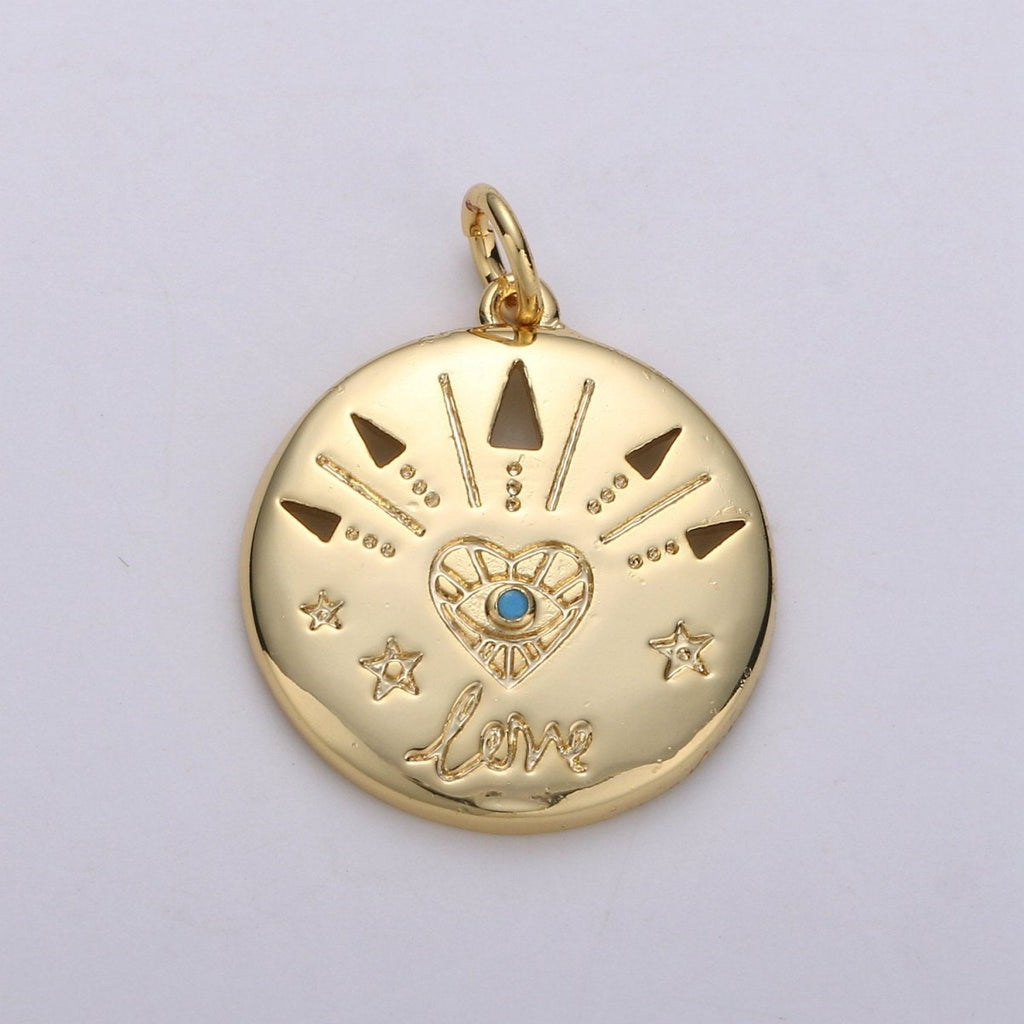 14k Gold plated Love Charm - Love medallion - Coin Disc charm - Blue Evil Eye pendant for Necklace Bracelet Earring Charm, D-679 - DLUXCA
