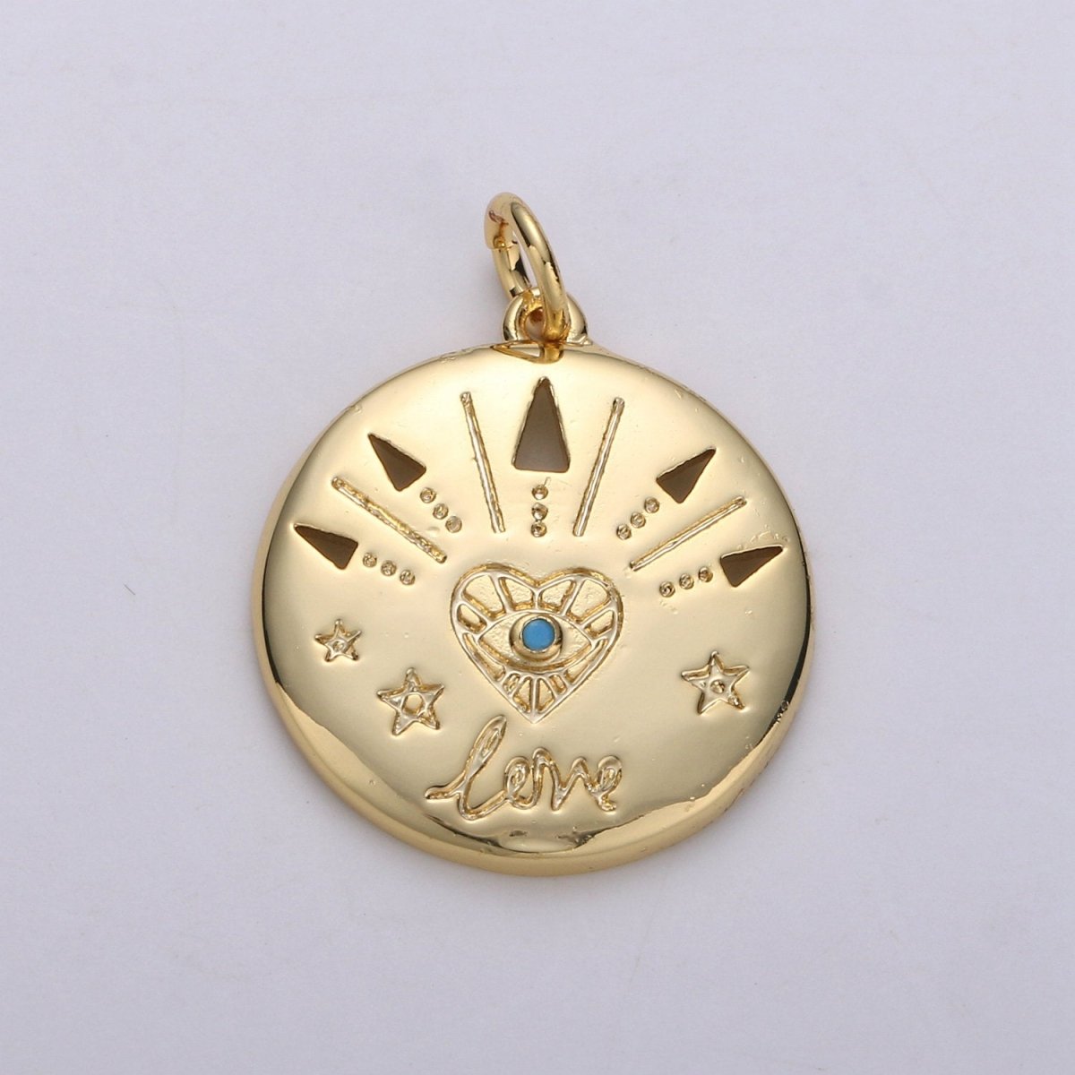 14k Gold plated Love Charm - Love medallion - Coin Disc charm - Blue Evil Eye pendant for Necklace Bracelet Earring Charm, D-679 - DLUXCA