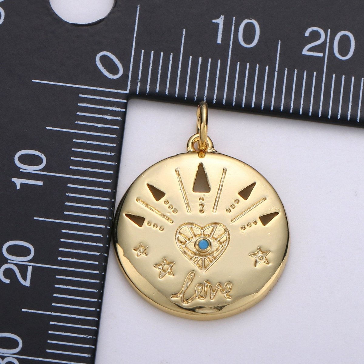 14k Gold plated Love Charm - Love medallion - Coin Disc charm - Blue Evil Eye pendant for Necklace Bracelet Earring Charm, D-679 - DLUXCA