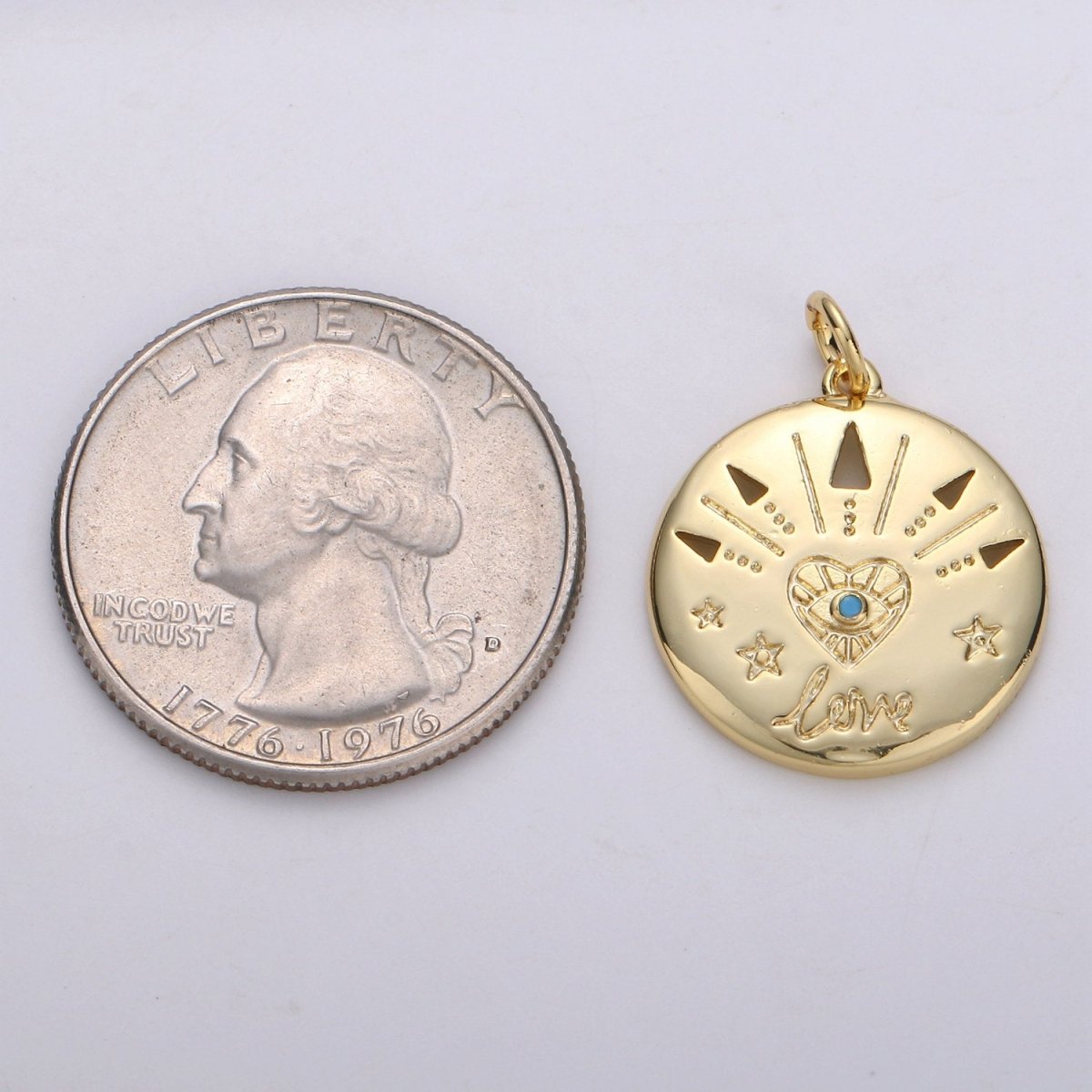 14k Gold plated Love Charm - Love medallion - Coin Disc charm - Blue Evil Eye pendant for Necklace Bracelet Earring Charm, D-679 - DLUXCA