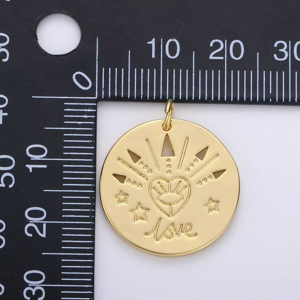 14k Gold plated Love Charm - Love medallion - Coind Disc charm - gold Evil Eye pendant for Necklace Bracelet Earring Charm D-517 - DLUXCA