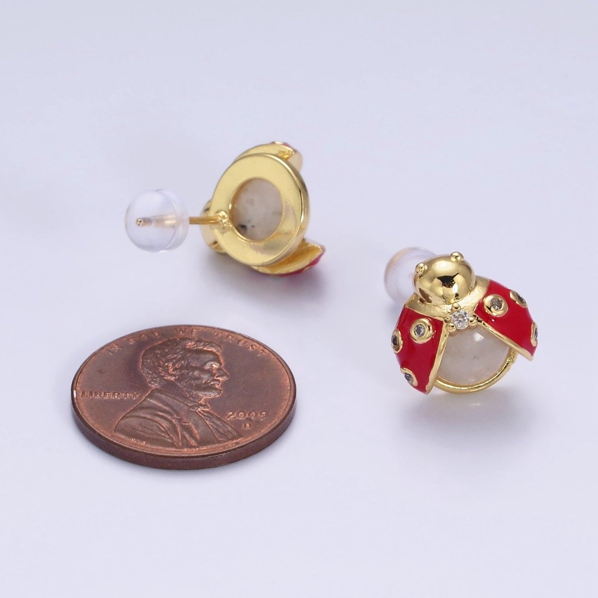 14K Gold plated Lucky Ladybug Moonstone Gemstone Red Enamel CZ Stud Earrings | Y-897 - DLUXCA