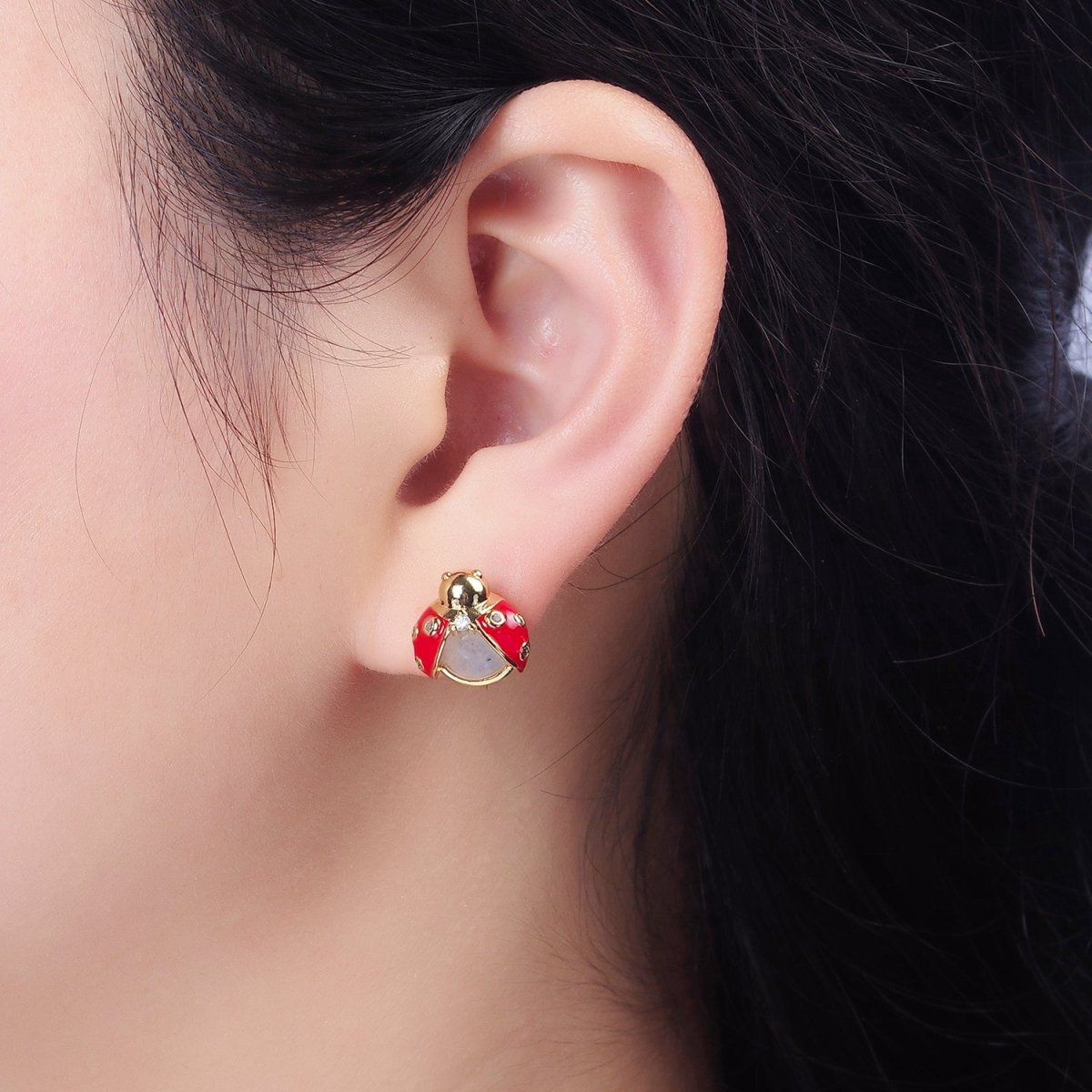 14K Gold plated Lucky Ladybug Moonstone Gemstone Red Enamel CZ Stud Earrings | Y-897 - DLUXCA