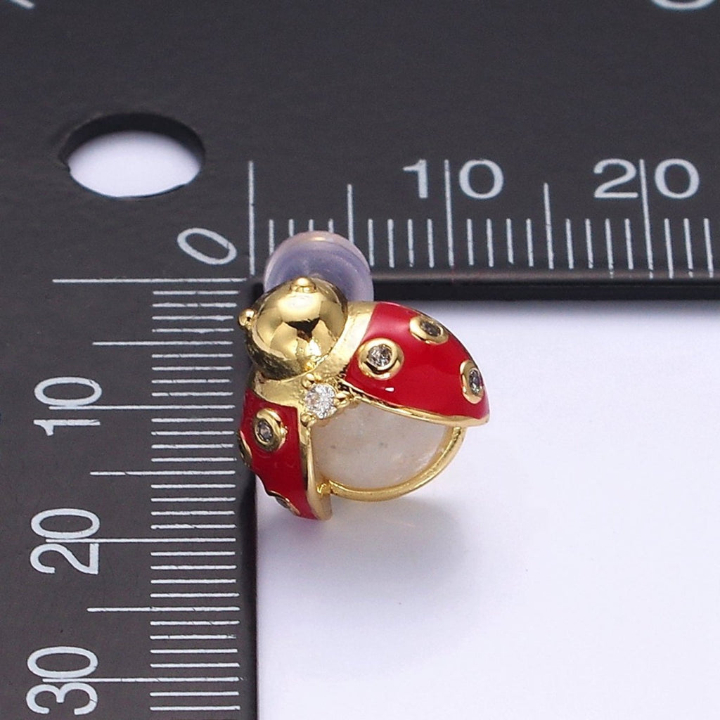 14K Gold plated Lucky Ladybug Moonstone Gemstone Red Enamel CZ Stud Earrings | Y-897 - DLUXCA