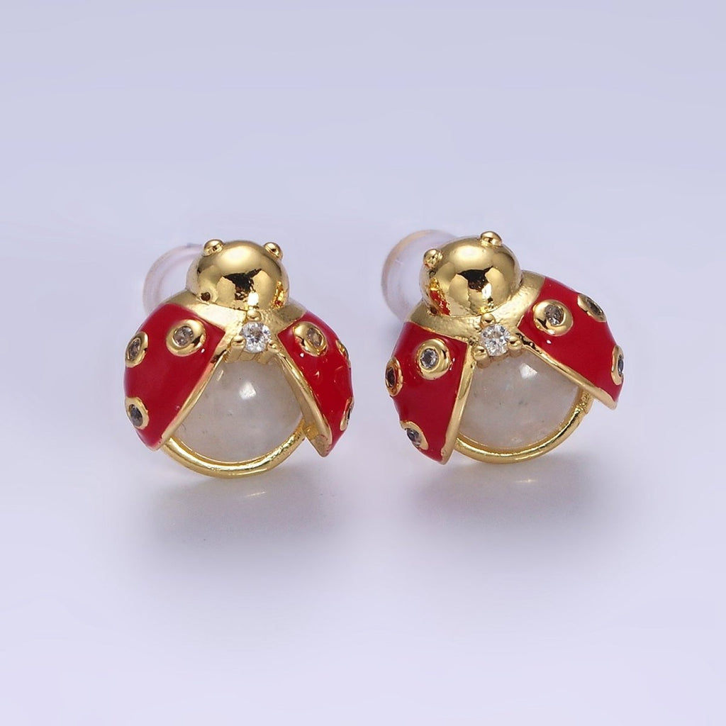 14K Gold plated Lucky Ladybug Moonstone Gemstone Red Enamel CZ Stud Earrings | Y-897 - DLUXCA