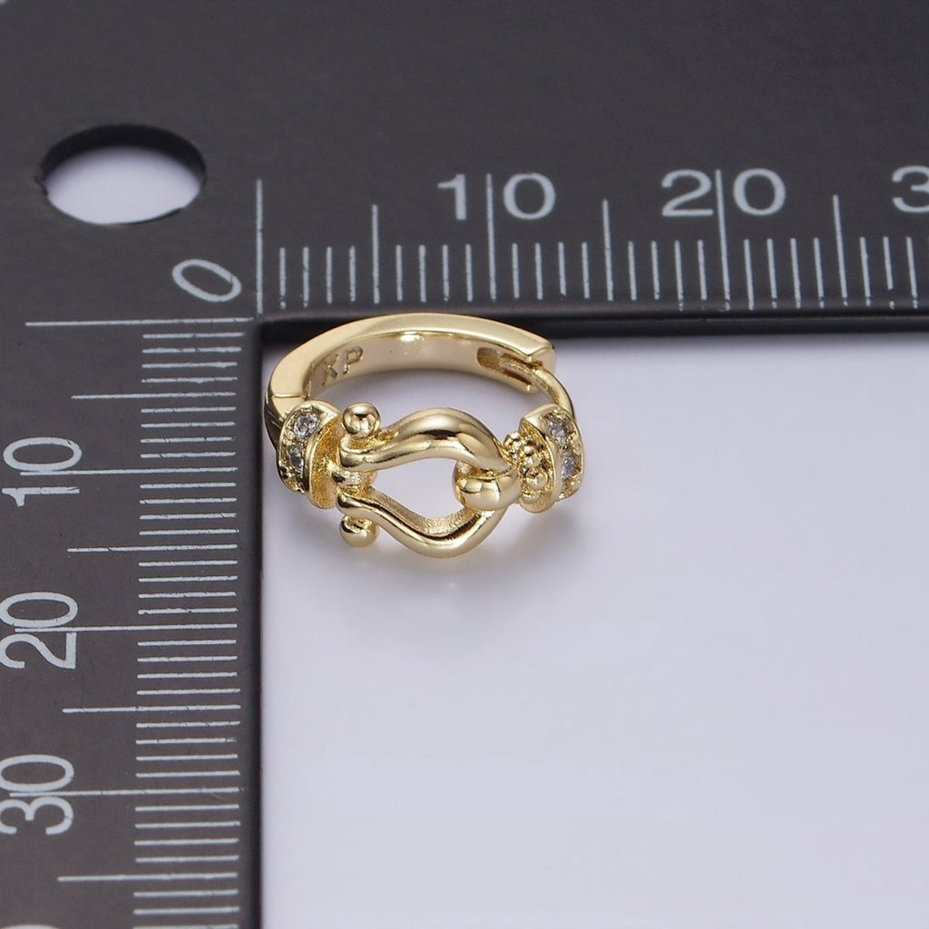 14K Gold plated Lyre Link Micro Paved CZ 13mm Huggie Earrings | AE584 - DLUXCA