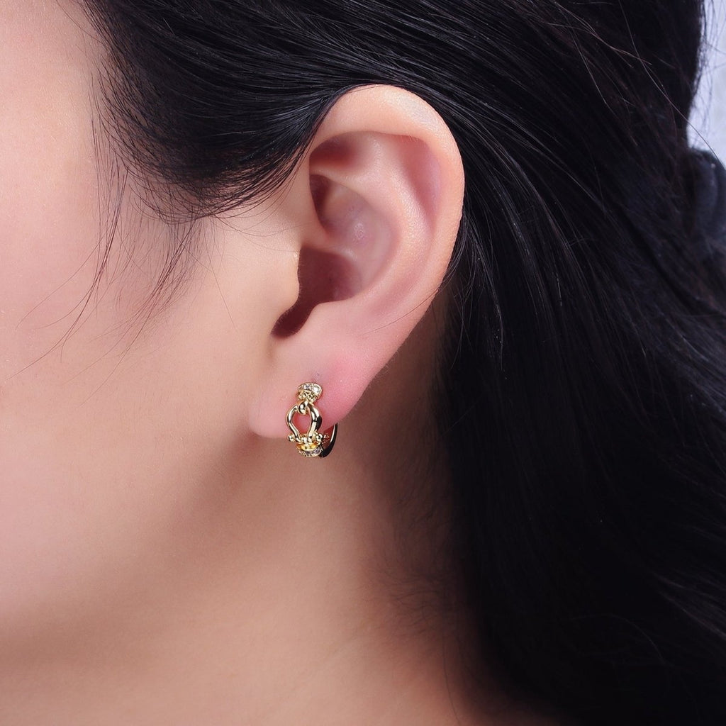 14K Gold plated Lyre Link Micro Paved CZ 13mm Huggie Earrings | AE584 - DLUXCA