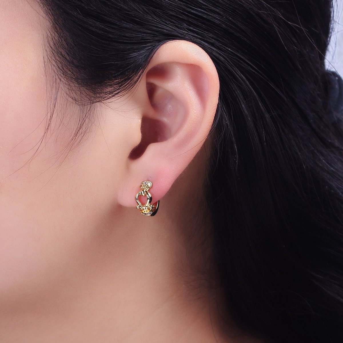 14K Gold plated Lyre Link Micro Paved CZ 13mm Huggie Earrings | AE584 - DLUXCA