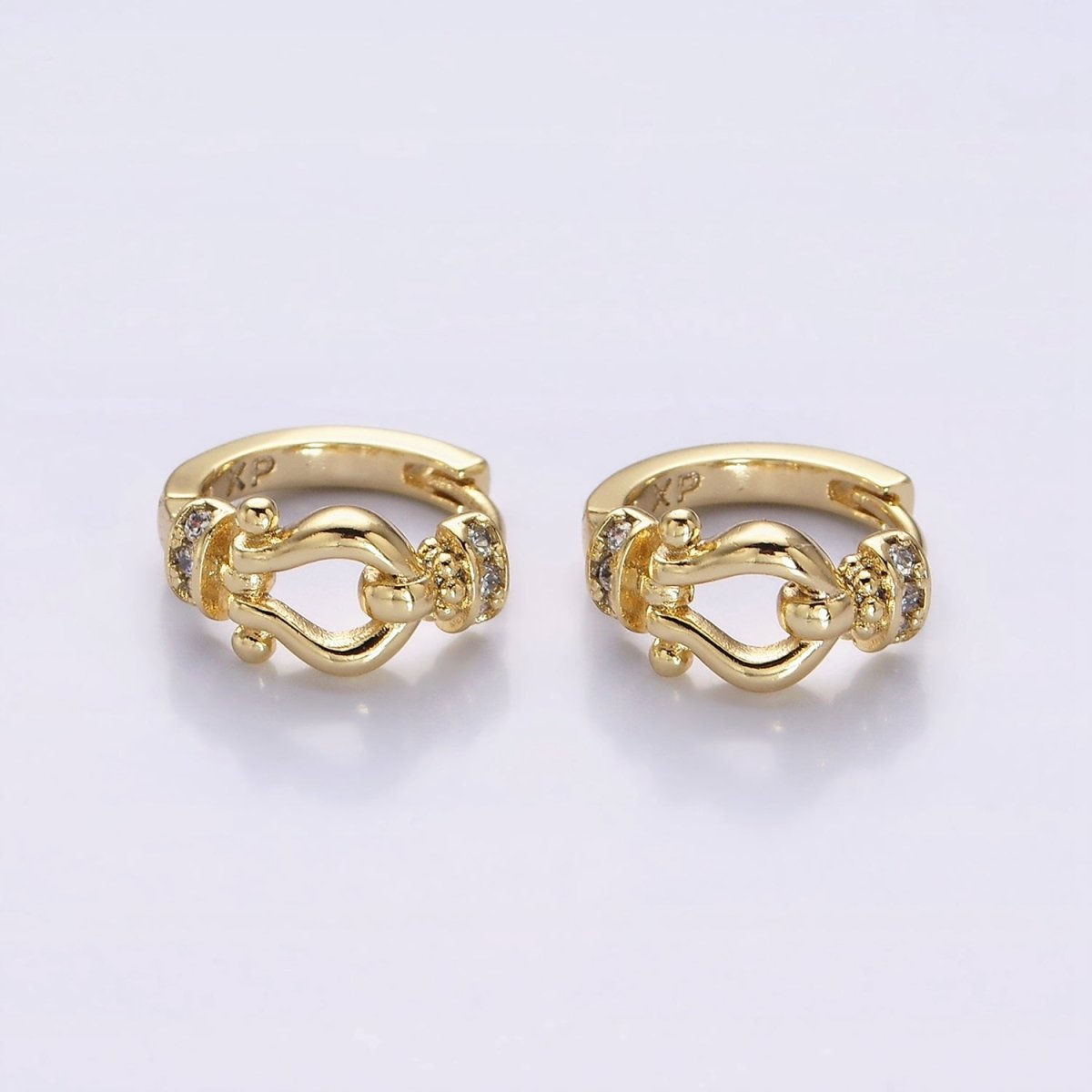 14K Gold plated Lyre Link Micro Paved CZ 13mm Huggie Earrings | AE584 - DLUXCA