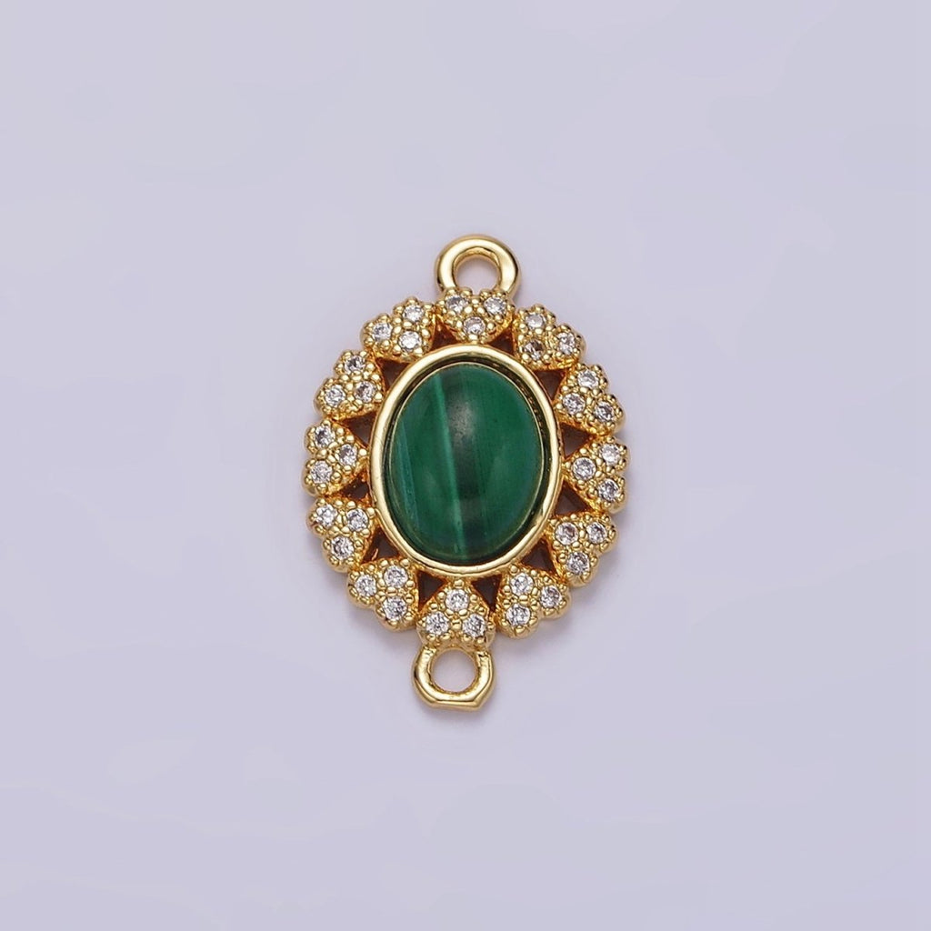 14K Gold plated Malachite Cabochon Micro Paved CZ Heart Lined Oval Connector G-807 - DLUXCA