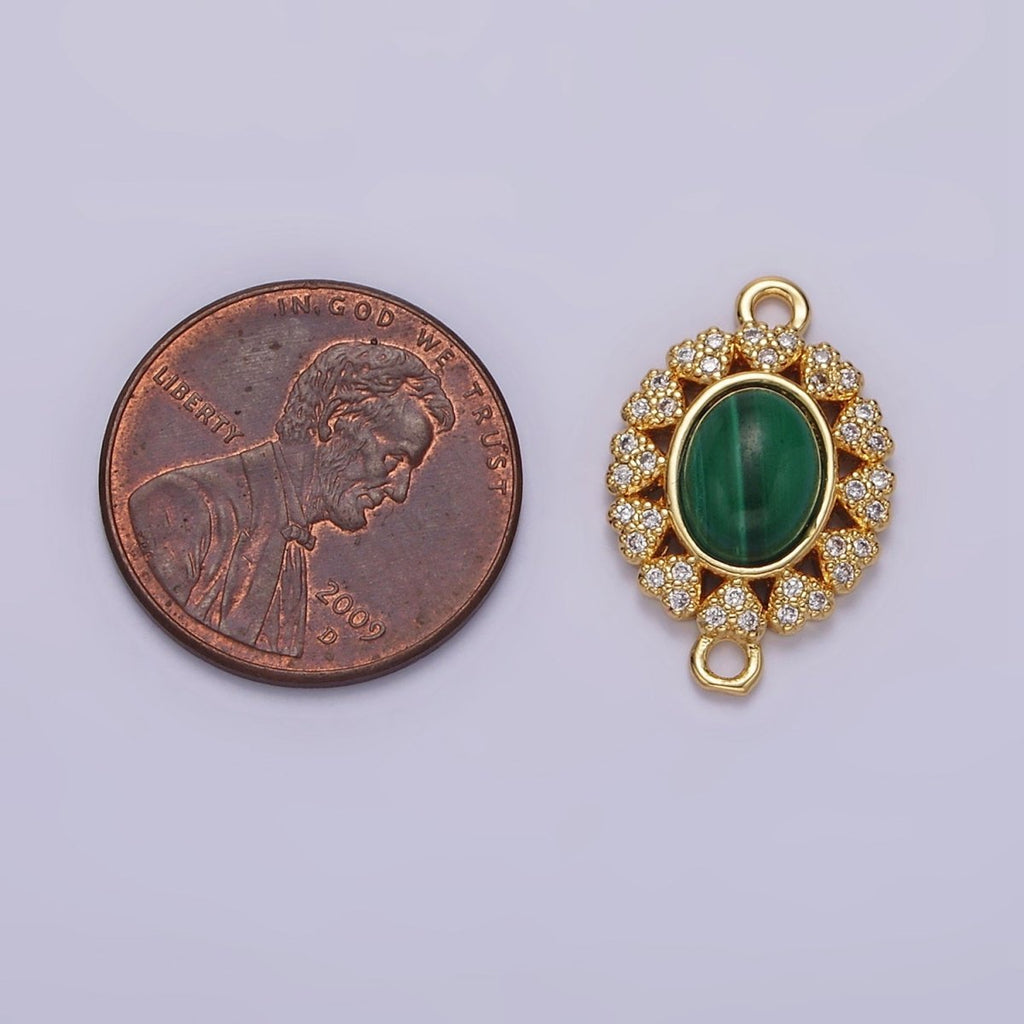 14K Gold plated Malachite Cabochon Micro Paved CZ Heart Lined Oval Connector G-807 - DLUXCA