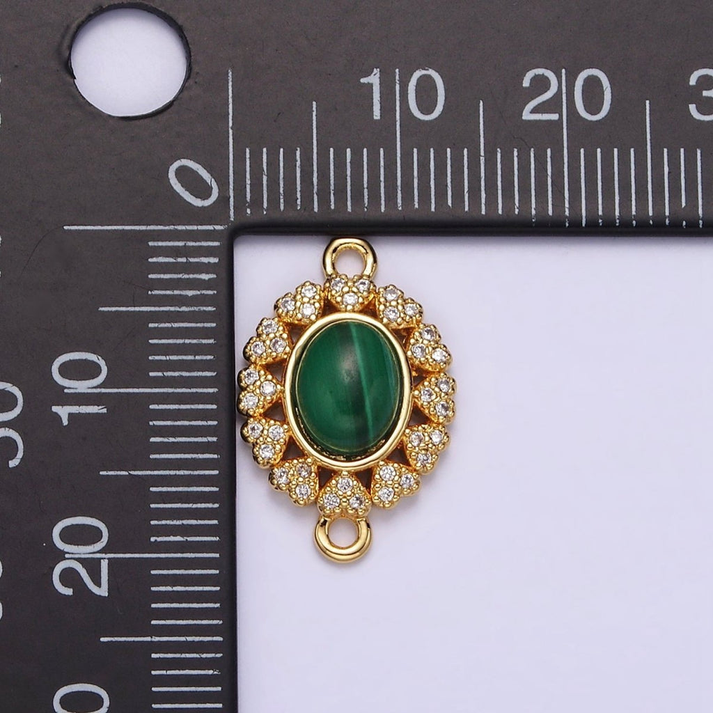 14K Gold plated Malachite Cabochon Micro Paved CZ Heart Lined Oval Connector G-807 - DLUXCA
