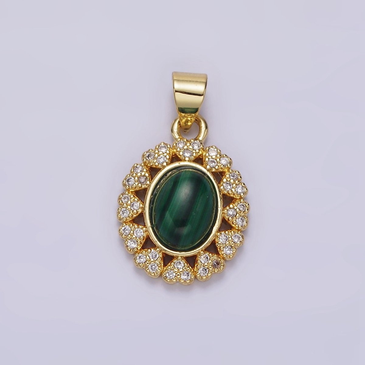14K Gold plated Malachite Cabochon Micro Paved CZ Heart Lined Oval Pendant | AA644 - DLUXCA