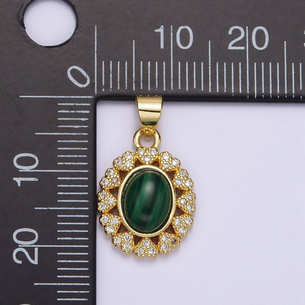 14K Gold plated Malachite Cabochon Micro Paved CZ Heart Lined Oval Pendant | AA644 - DLUXCA