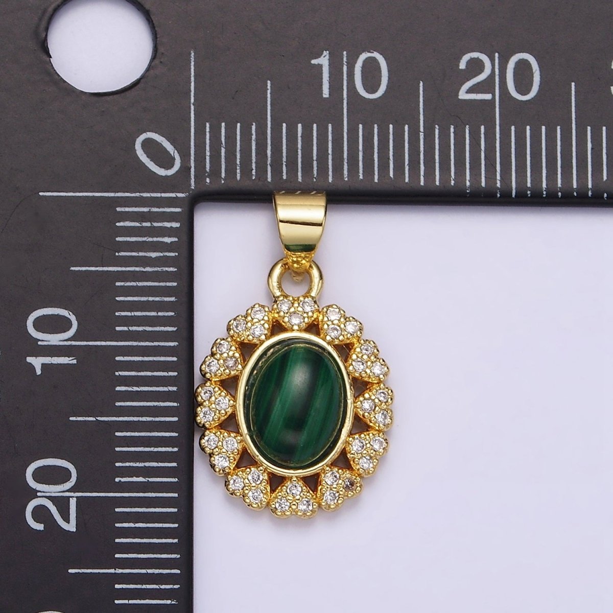 14K Gold plated Malachite Cabochon Micro Paved CZ Heart Lined Oval Pendant | AA644 - DLUXCA