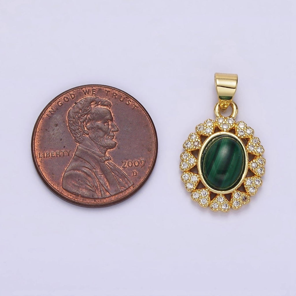 14K Gold plated Malachite Cabochon Micro Paved CZ Heart Lined Oval Pendant | AA644 - DLUXCA