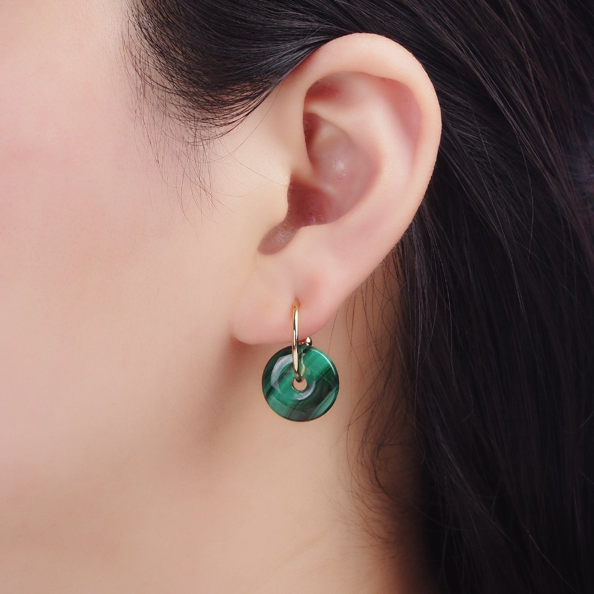 14K Gold plated Malachite Gemstone Drop C-Shaped Hoop Earrings | AE531 - DLUXCA
