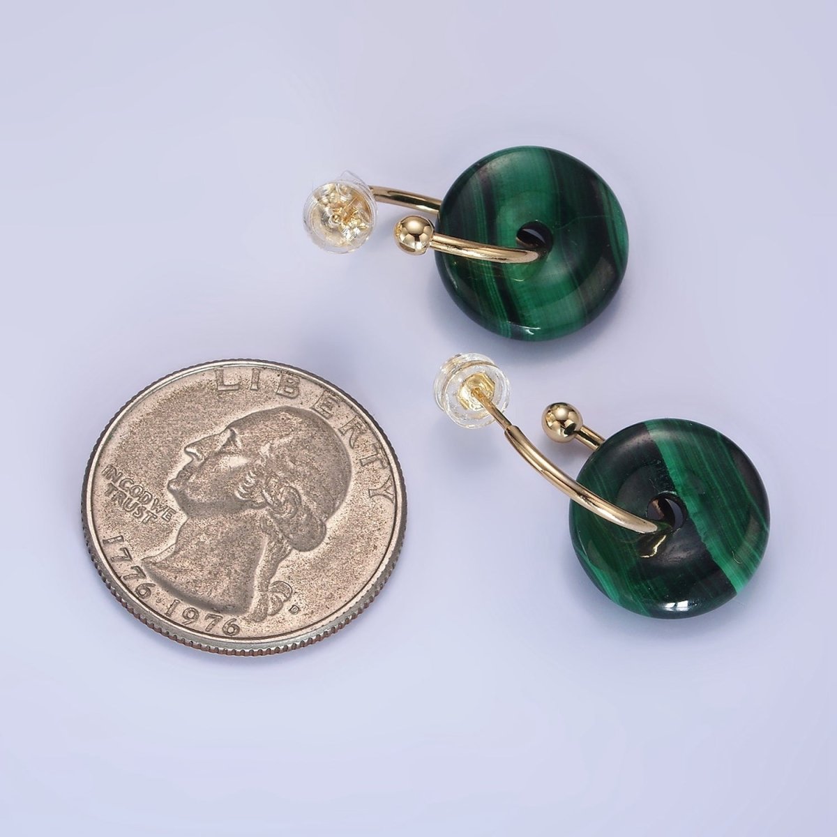 14K Gold plated Malachite Gemstone Drop C-Shaped Hoop Earrings | AE531 - DLUXCA