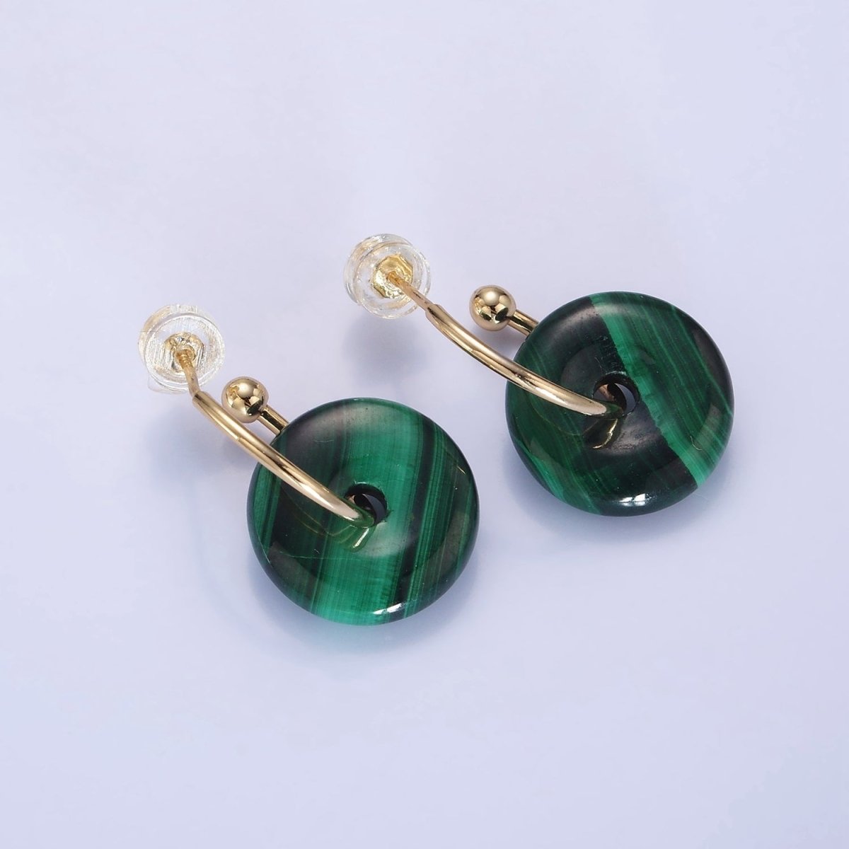 14K Gold plated Malachite Gemstone Drop C-Shaped Hoop Earrings | AE531 - DLUXCA