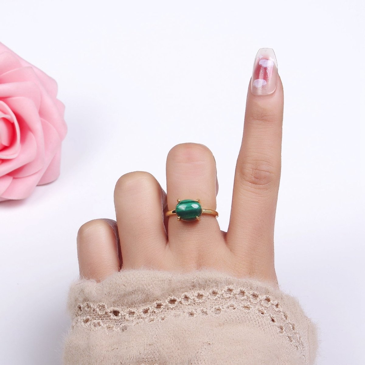 14K Gold plated Malachite Gemstone Oval Solitaire Ring | O1347 - DLUXCA