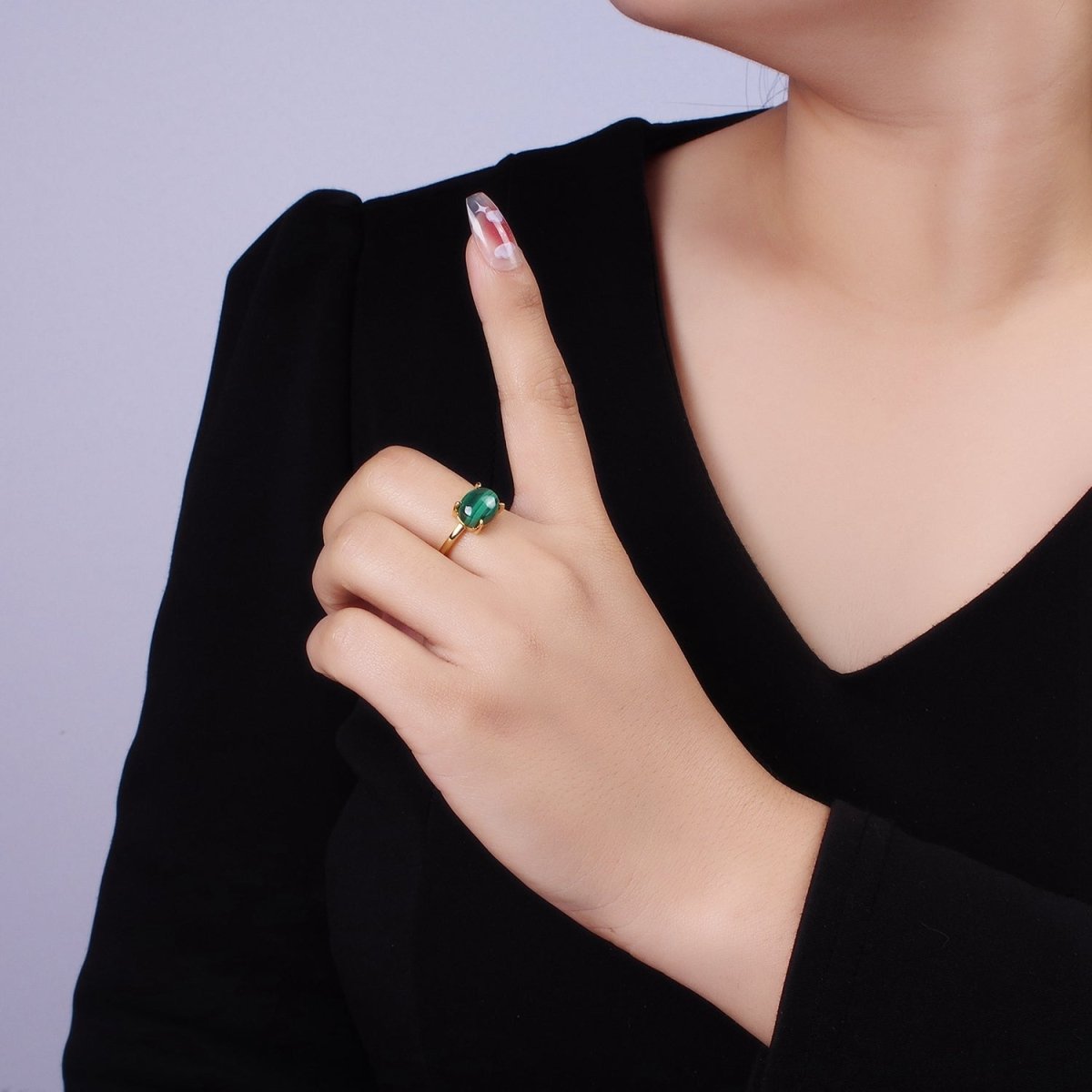 14K Gold plated Malachite Gemstone Oval Solitaire Ring | O1347 - DLUXCA