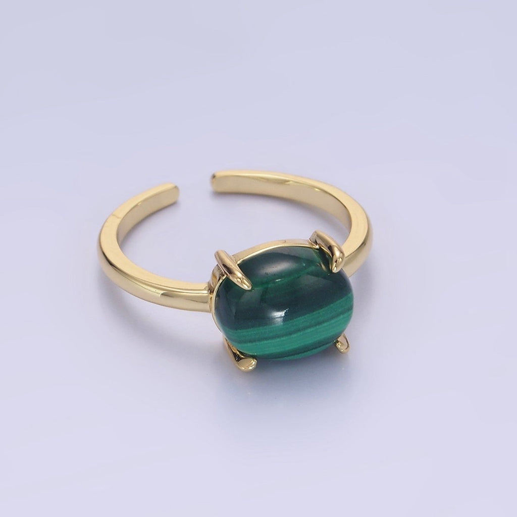 14K Gold plated Malachite Gemstone Oval Solitaire Ring | O1347 - DLUXCA