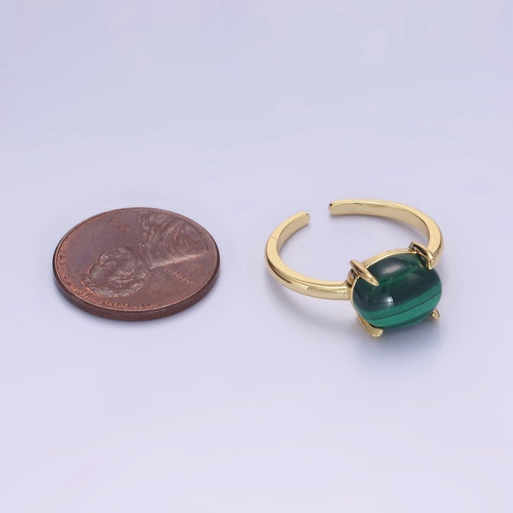 14K Gold plated Malachite Gemstone Oval Solitaire Ring | O1347 - DLUXCA