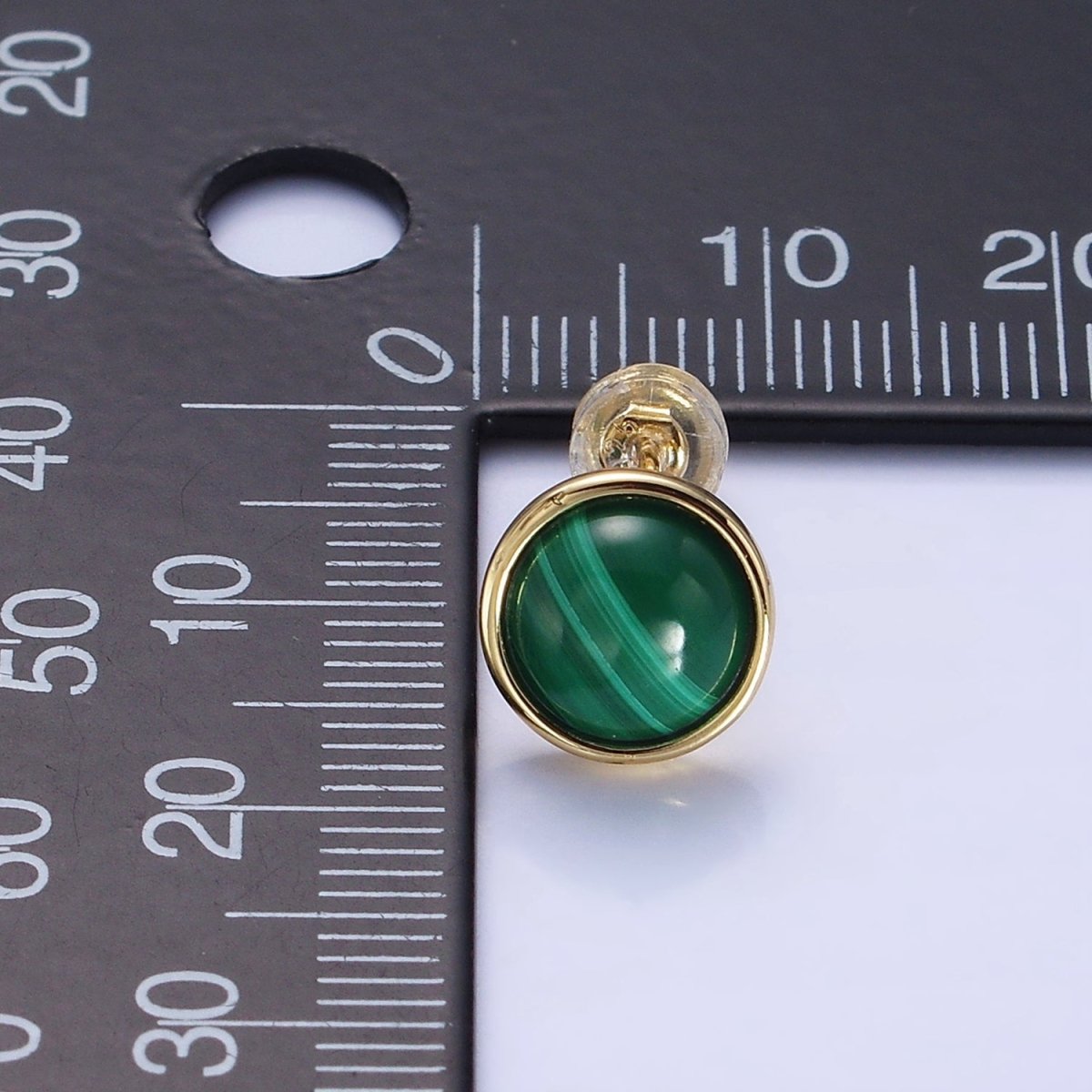 14K Gold plated Malachite Gemstone Round Bezel Stud Earrings | AB1404 - DLUXCA