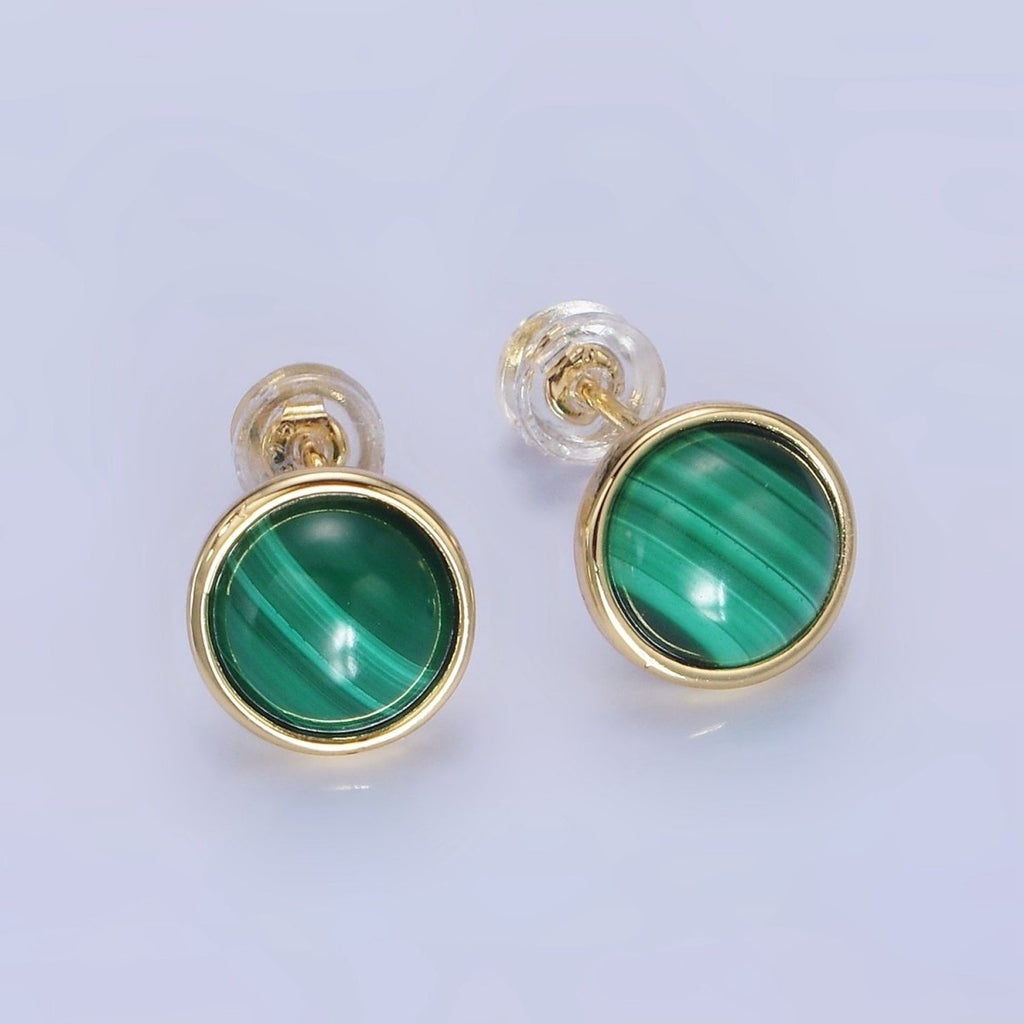 14K Gold plated Malachite Gemstone Round Bezel Stud Earrings | AB1404 - DLUXCA