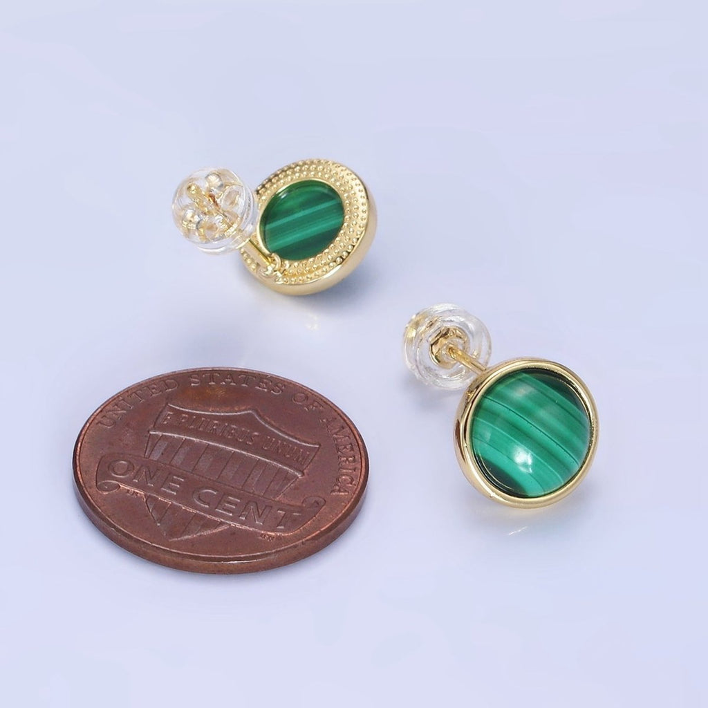 14K Gold plated Malachite Gemstone Round Bezel Stud Earrings | AB1404 - DLUXCA