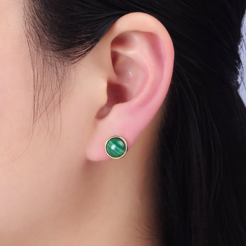14K Gold plated Malachite Gemstone Round Bezel Stud Earrings | AB1404 - DLUXCA
