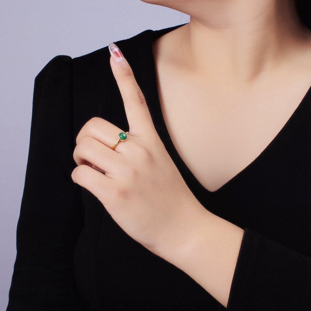 14K Gold plated Malachite Gemstone Solitaire Ring | O1357 - DLUXCA