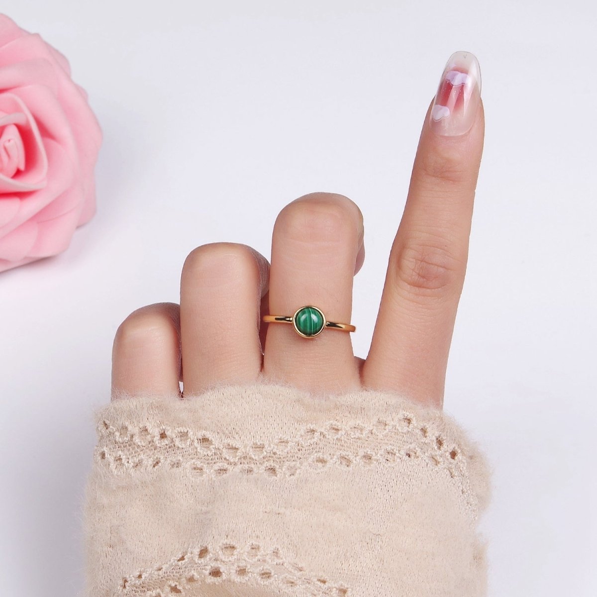 14K Gold plated Malachite Gemstone Solitaire Ring | O1357 - DLUXCA