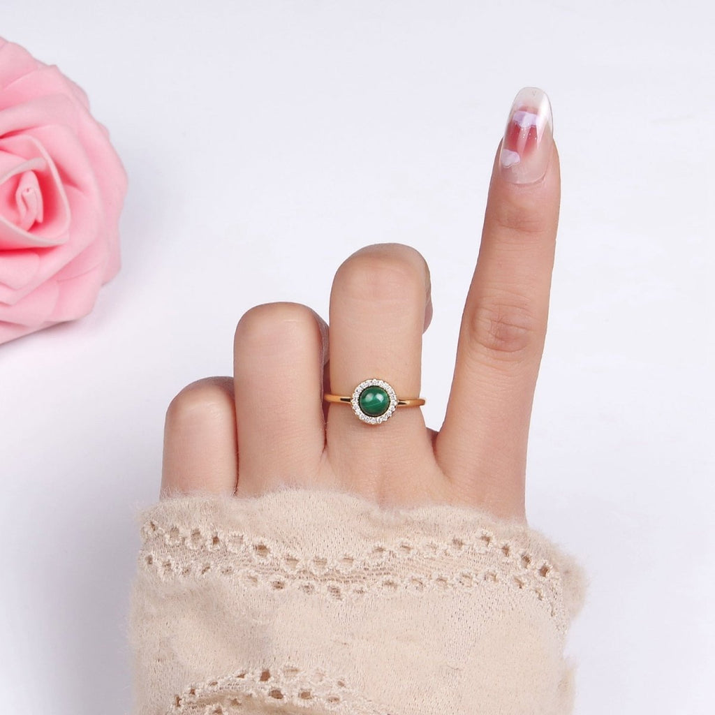 14K Gold plated Malachite Micro Paved CZ Round Ring | O1356 - DLUXCA