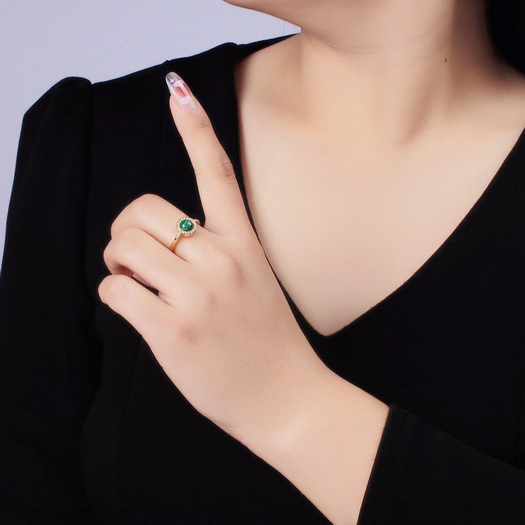 14K Gold plated Malachite Micro Paved CZ Round Ring | O1356 - DLUXCA