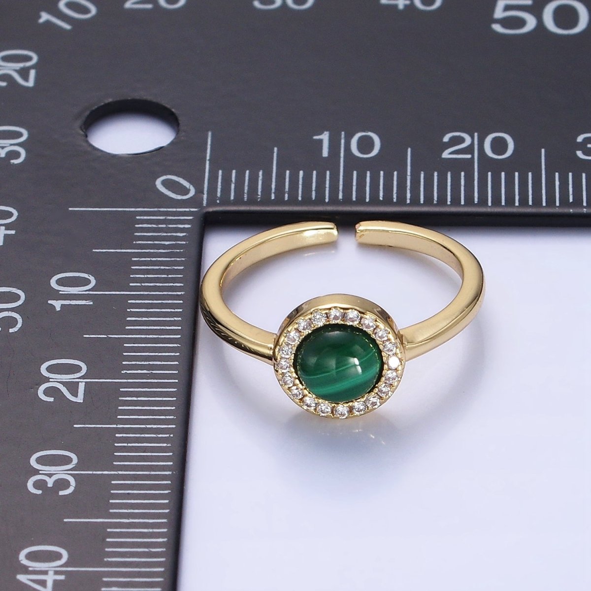 14K Gold plated Malachite Micro Paved CZ Round Ring | O1356 - DLUXCA