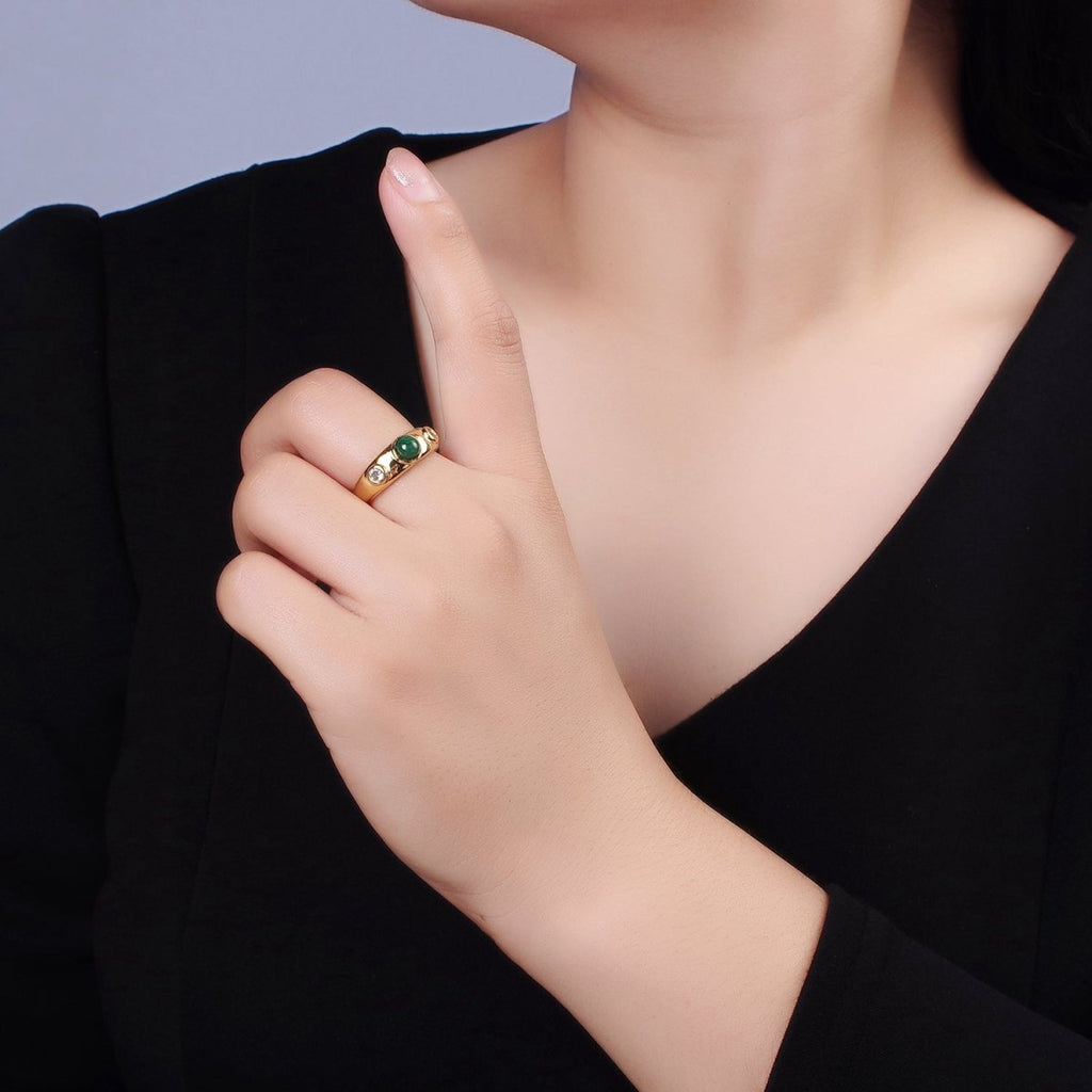14K Gold plated Malachite Natural Gemstone Triple Round CZ Ring | O-590 - DLUXCA