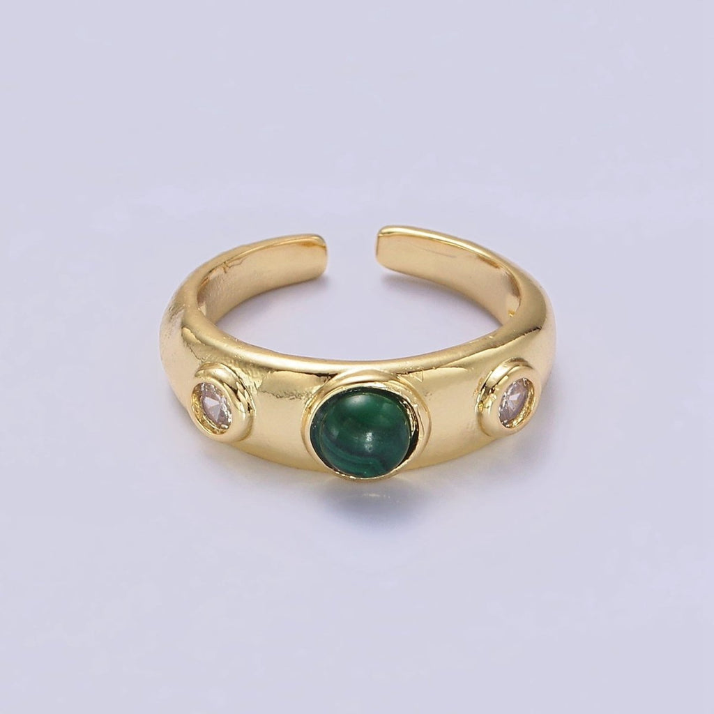 14K Gold plated Malachite Natural Gemstone Triple Round CZ Ring | O-590 - DLUXCA