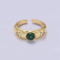 14K Gold plated Malachite Natural Gemstone Triple Round CZ Ring | O-590 - DLUXCA