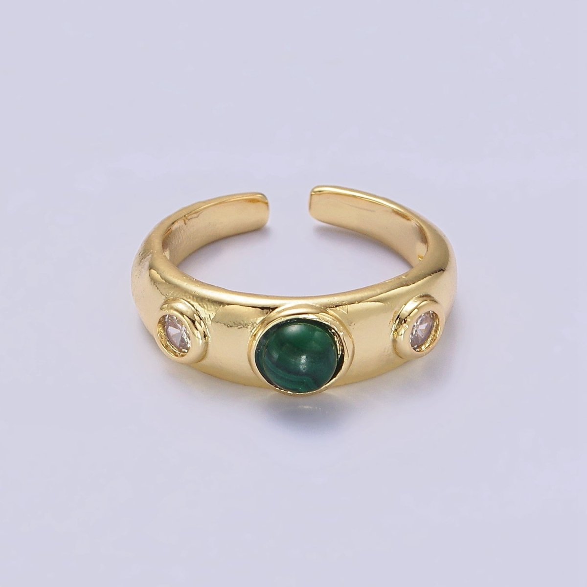 14K Gold plated Malachite Natural Gemstone Triple Round CZ Ring | O-590 - DLUXCA