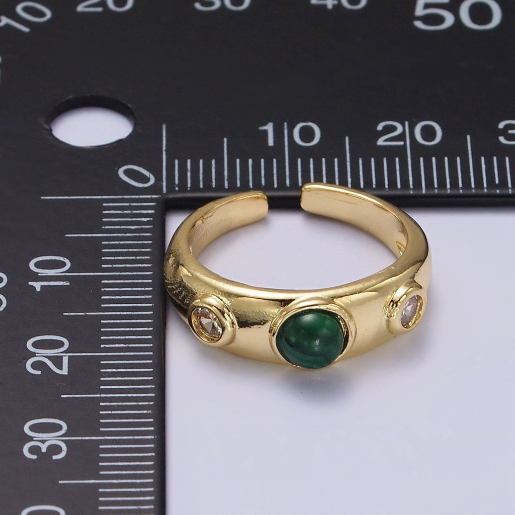 14K Gold plated Malachite Natural Gemstone Triple Round CZ Ring | O-590 - DLUXCA