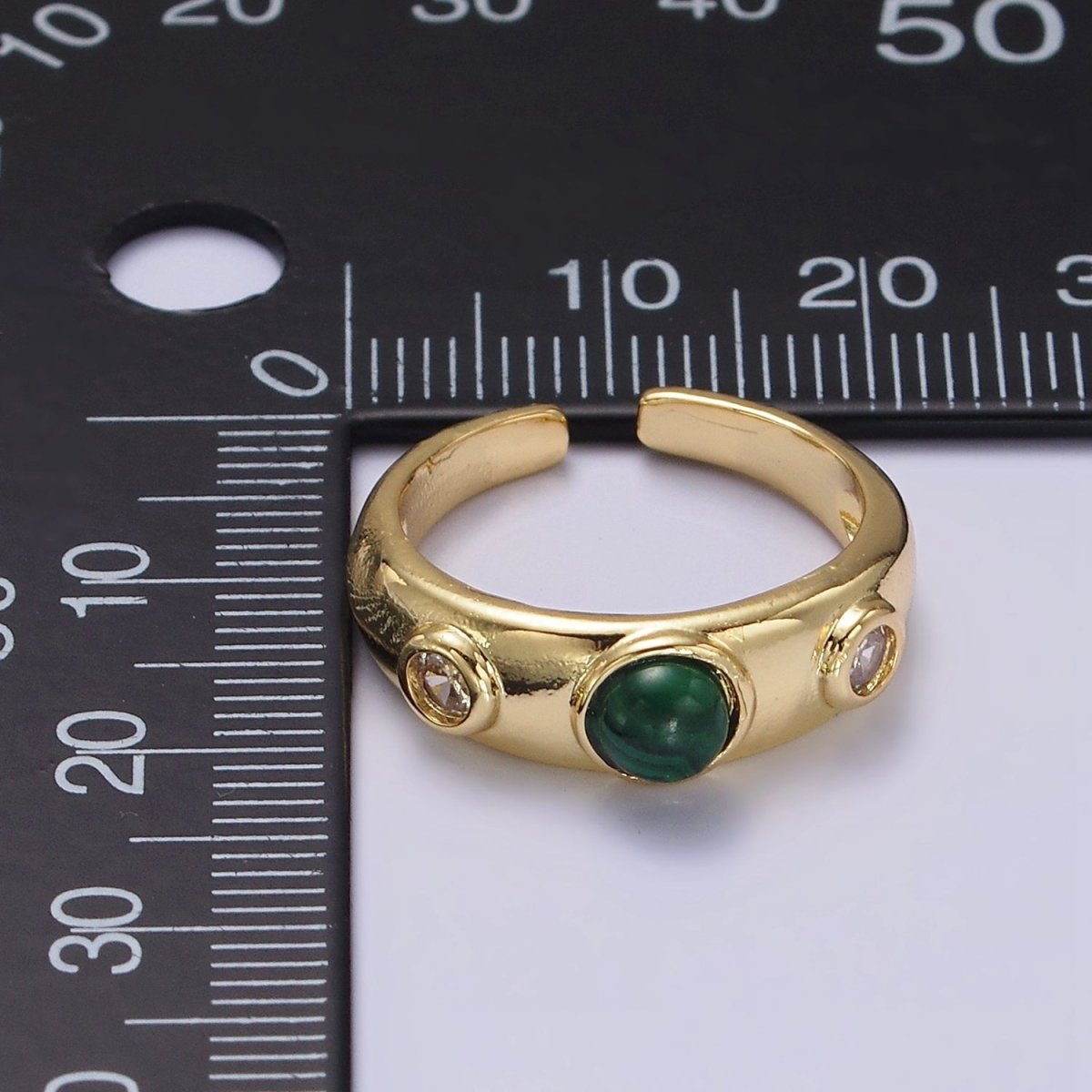14K Gold plated Malachite Natural Gemstone Triple Round CZ Ring | O-590 - DLUXCA